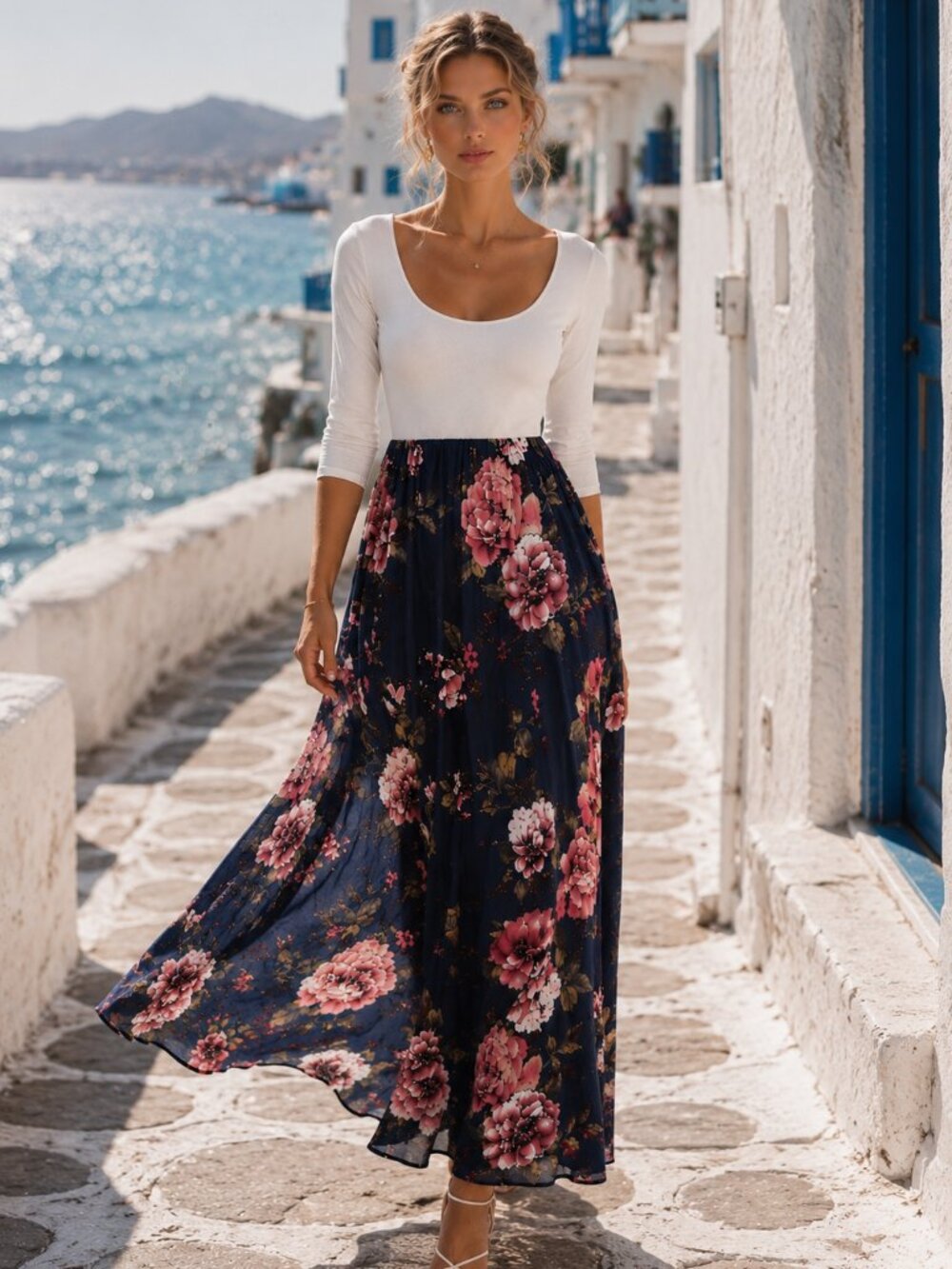 Floral Boho Maxi Dress White Bodice Navy Print Cottagecore Romantic S